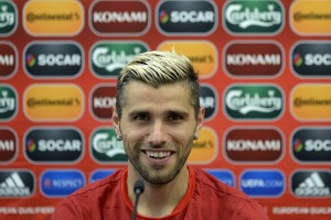 Switzerland's Valon Behrami speaks during a press conference at the LFF Stadium in Vilnius, Lithuania, on Saturday, June 13, 2015. Switzerland is scheduled to play an UEFA EURO 2016 group E qualifying soccer match against Lithuania on Sunday, June 14, 2015. (KEYSTONE/Georgios Kefalas)