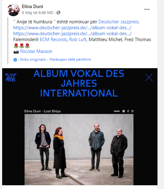 Albumi “Lost Ships” i Elina Dunit nominohet për “Deutscher Jazzpreis”
