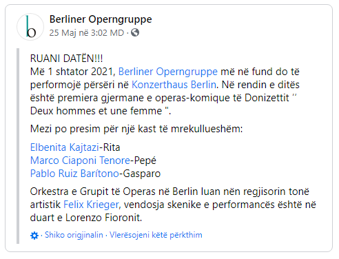 Sopranoja shqiptare më 1 shtator 2021 do të debutojë në rolin Rita në operën e Berlinit