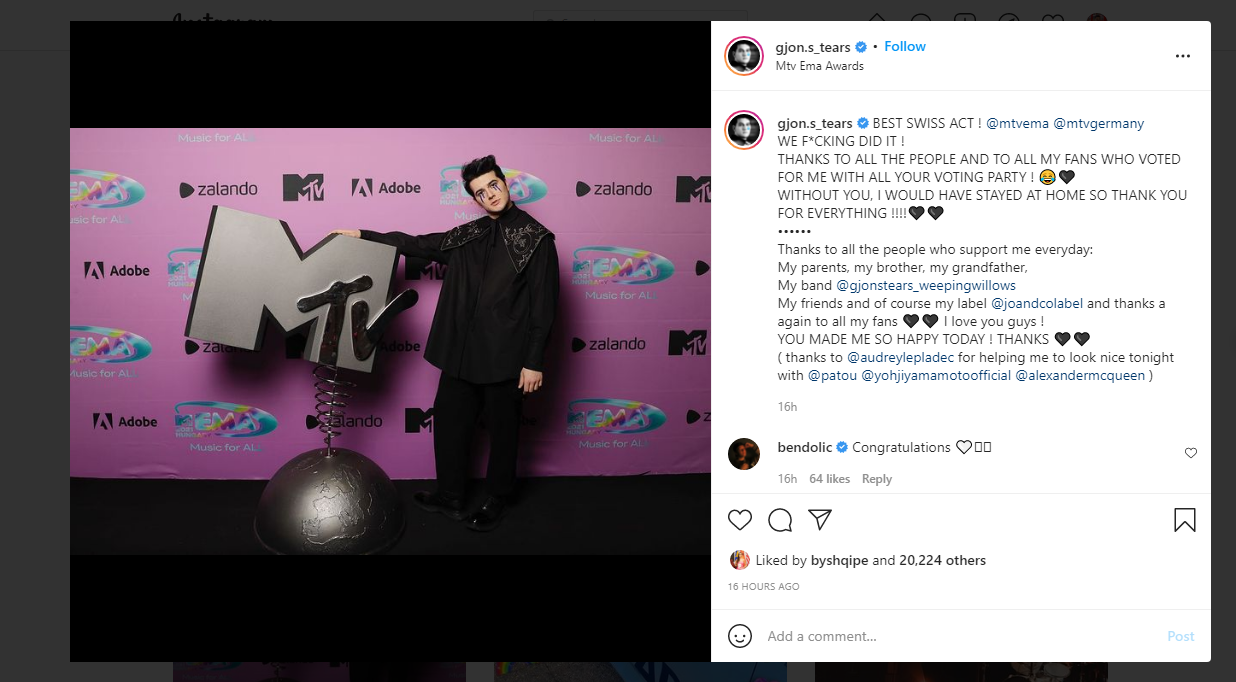 Gjon’s Tears, “Performuesi më i mirë zviceran” në MTV EMA 2021