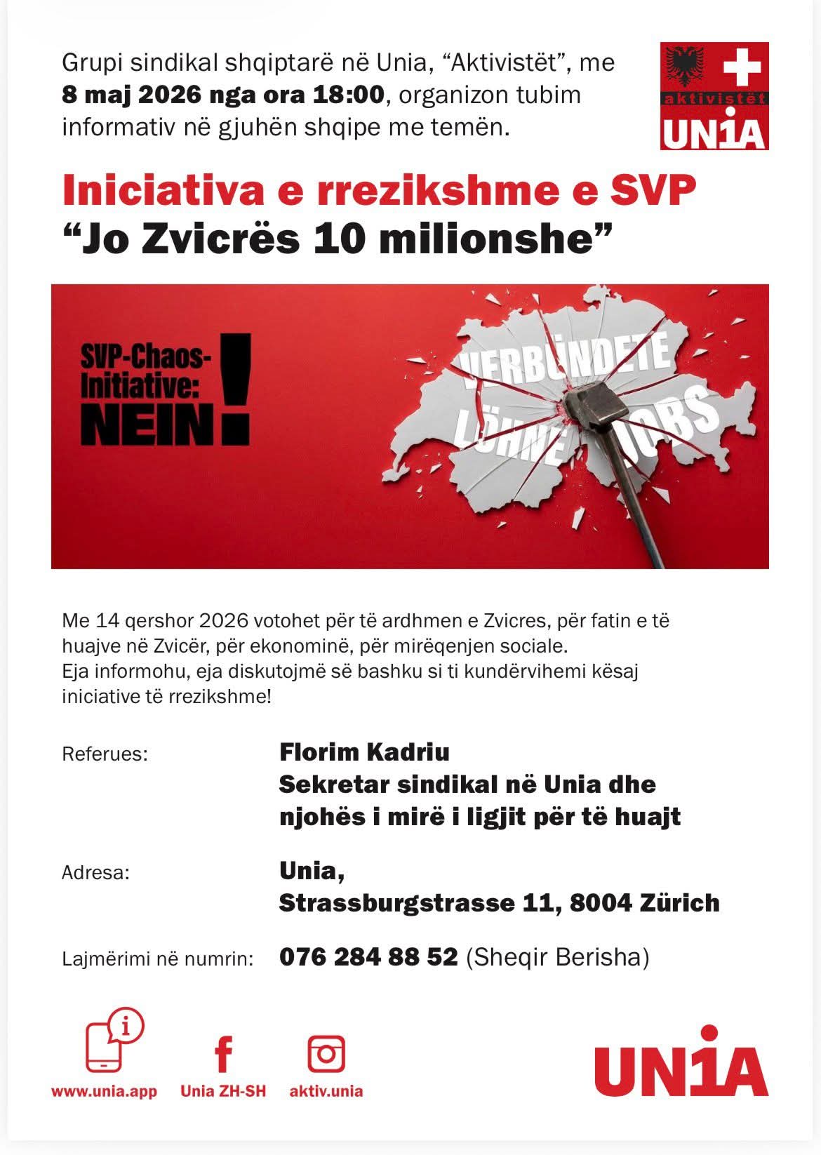 Grupi sindikal shqiptar  Aktivistët  në Unia organizon tubim informativ në Zürich